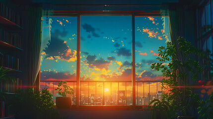 Sunset view outside the window,  Anime background clovers style
