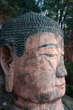 Close up of the head of Leshan Giant Buddha Scenic Area in Sichuan, China.
