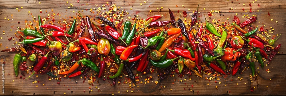 Poster A close-up of a variety of fresh and dried chili peppers arranged on a rustic wooden surface. The peppers are a mix of colors and sizes, creating a visually stunning display. Generative AI