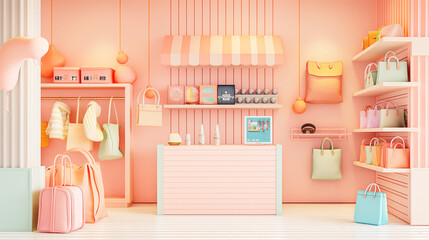 Cute small store building or mini shop on rose gold color  pastel tone 3D