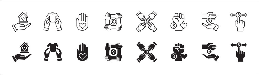 Donation and charity icon set. Clothe, home donation icons set. Fund donate sign. Volunteer symbol. Vector stock icons collection in thin line style design.