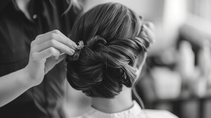 A hair stylist places a hair clip in a clients hair. The client is seated with their back to the camera and the stylist is working on their updo.