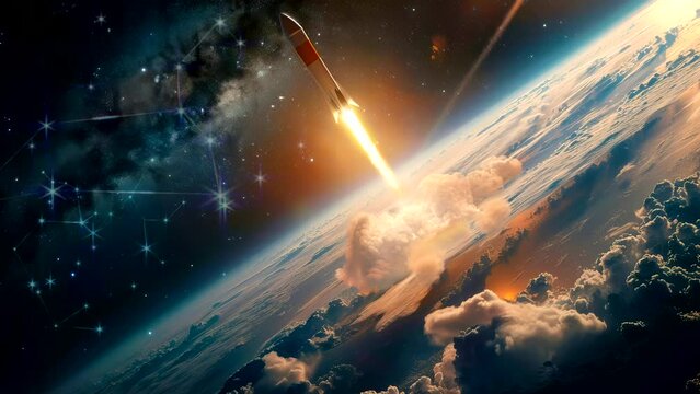 Interstellar Ascent: Witnessing a Rocket Launch Toward Celestial Grandeur. Seamless looping time-lapse virtual 4k video animation background