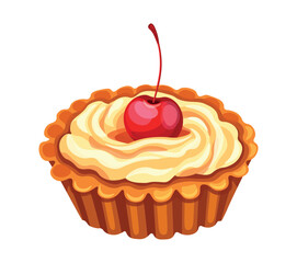 Delicious tartlet made of shortcrust pastry, butter cream and a cocktail cherry in a cartoon style. Vector illustration of tasty and sweet cake isolated on white background. Delicate dessert.