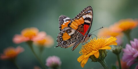 Obraz premium A close-up of a Painted Lady butterfly resting on vibrant yellow flowers, showcasing intricate wing patterns