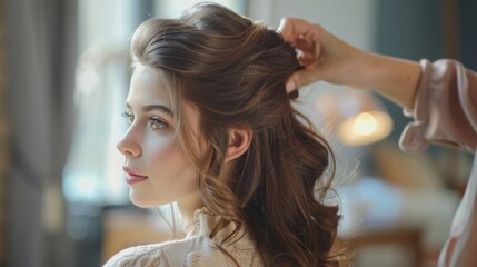 Fototapeta premium A woman has her hair styled by a stylist in a beautiful, natural setting. The womans hair is long and brown, and the stylist is carefully arranging it.