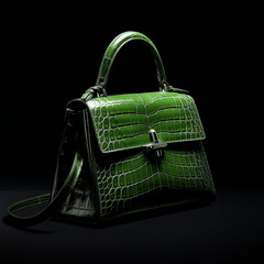 Fashionable green bag made of eco-leather similar to crocodile skin black background