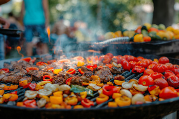SQUARE NEW barbecue pit on the backyard. Meat and vegetable cooking on the grill. Focus on the food. Some people in the background