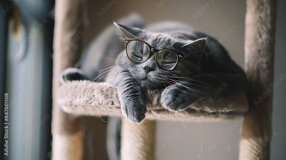 Aufkleber gray cat wearing glasses laying on a cat tree with face looking down with cool pose : generative ai