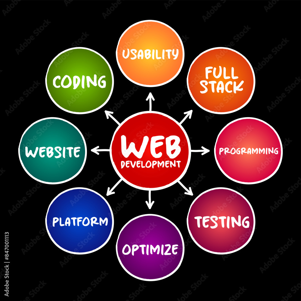 Wall mural web development - work involved in developing a website for the internet, mind map technology concep