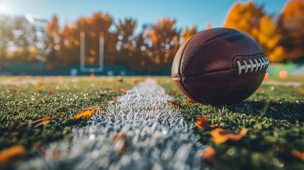 A brown football lies on a green field with fallen leaves, a white line separating the field