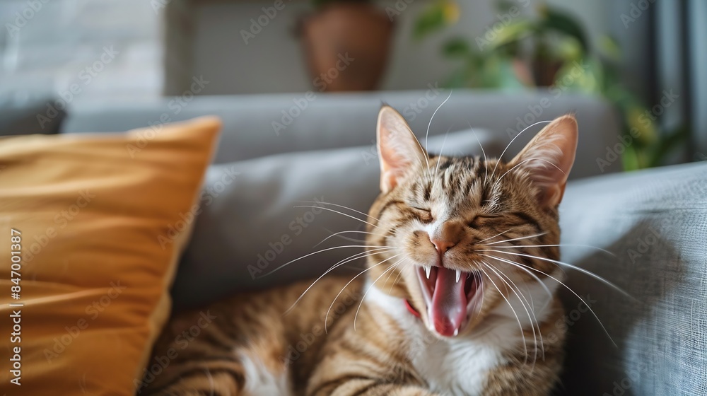 Poster brown and white cat yawning on a sofa close up : generative ai