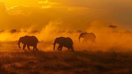 Fototapeta premium Sunset Majesty: elephants in the savannah.