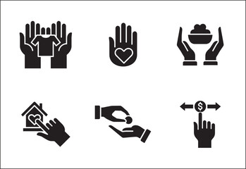 Donation and charity icon set. Clothe, home and food donation icons set. Fund donate sign. Volunteer symbol. Vector stock icons collection in flat solid style design.