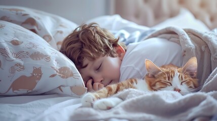 boy falls asleep and hugs his cat who sleeps with him under the covers children and pets the cat sleeps with the baby the child is getting ready for bed : Generative AI
