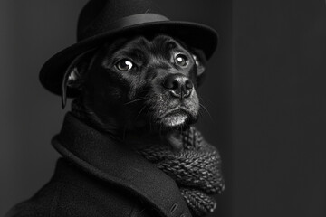 dog smoyed based on man in black. make dogs apearance as a privat detective.