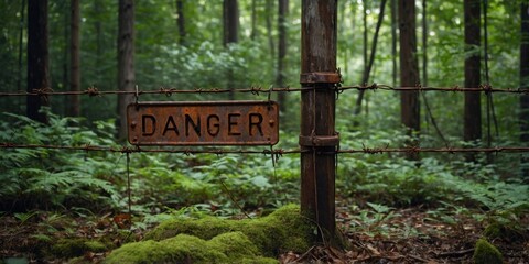 An aged rusted 'DANGER' sign attached to a barbed wire fence amidst a tranquil green forest