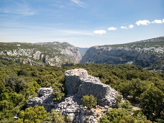 View of Nuraghe Mannu, an ancient stone structure amidst lush greenery and mountains