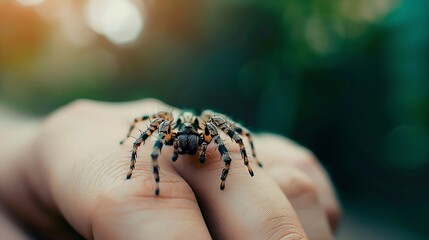Spider is sitting on persons hand with blurry background : Generative AI