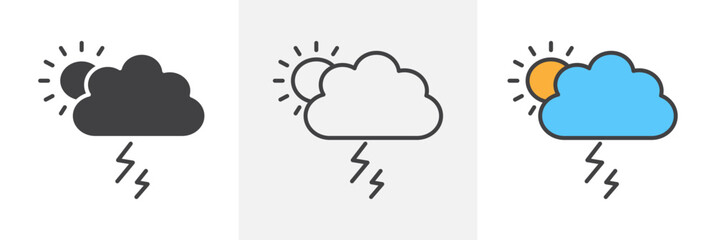 Thunderstorm icon set. Vector symbol for lightning. Rain and thunderbolt weather sign.