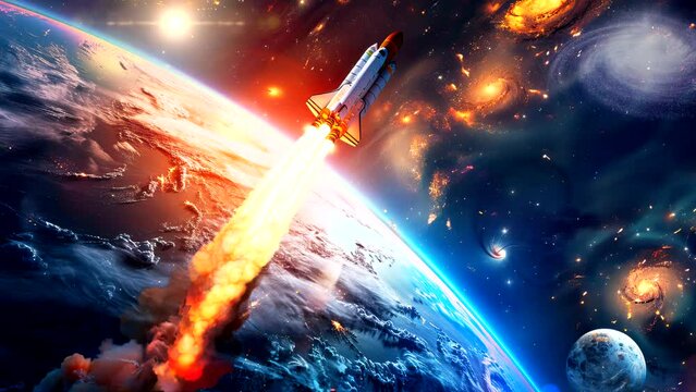 Rocket to the Stars: Soaring Toward a Mesmerizing Cosmic Spectacle. Seamless looping time-lapse virtual 4k video animation background