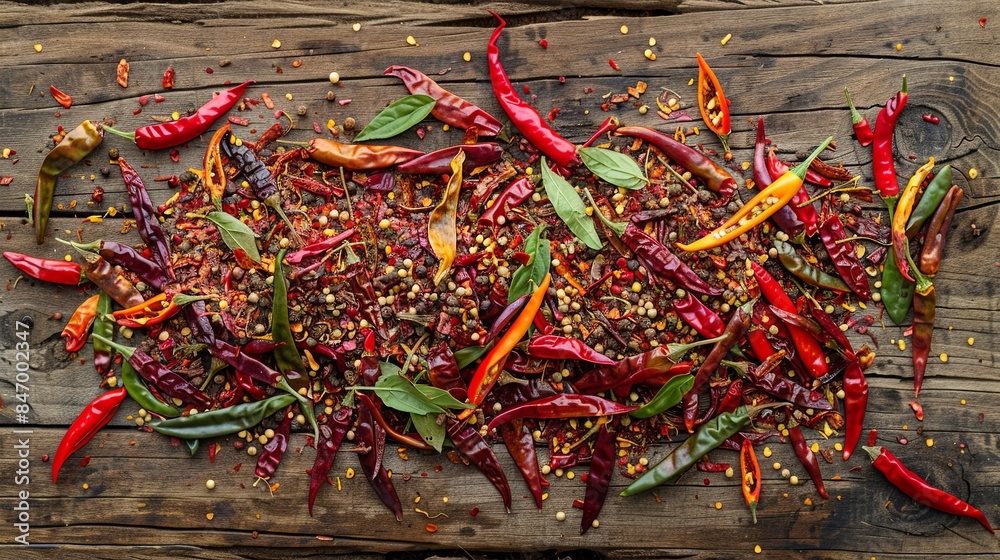 Poster A collection of fresh and dried chili peppers arranged on a rustic wooden surface. The vibrant colors and textures of the various peppers create a captivating visual display. Generative AI