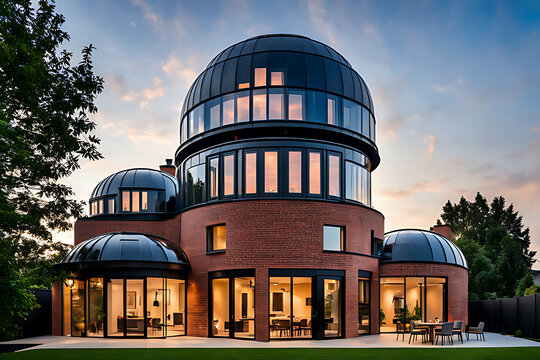 Modern brick house with glass dome and balcony, showcasing elegant contemporary architecture at dusk.