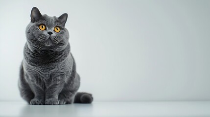 A fat gray British cat with big yellow eyes sits on a white background Obesity of the Scottish cat : Generative AI