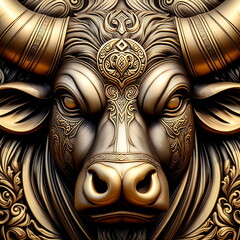 Obraz premium Gold and brass bull head emblem logo with stylish engraving.