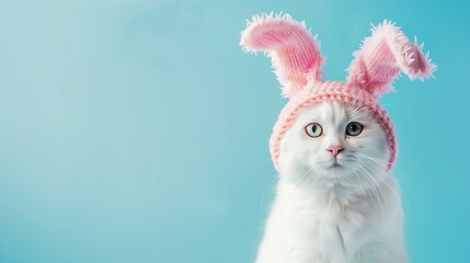 Obraz premium Portrait of cute white cat in hat with bunny ears on blue background : Generative AI