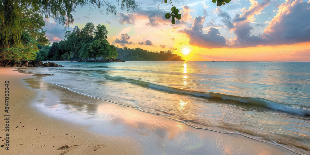 Wall mural Tranquil Sunset Over Tropical Beach with Gentle Waves and Lush Greenery