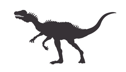 Isolated silhouette of a dinosaur. Black drawing of a dilophosaurus raptor. Wild animal sign of the Jurassic period. Printed image of an ancient reptile. Prehistoric monster icon