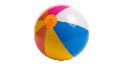 A bright, colorful beach ball with blue, white, pink, and yellow panels