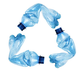 Sign of reduce symbol icon made from 3 crushed pet bottles, reduce reuse recycle for environmental...