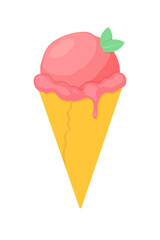 ice cream cone with pink ice cream and mint on top. Tasty summer food. Vector  flat illustration on white background
