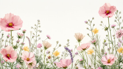 Illustration, different garden flowers on a white background.