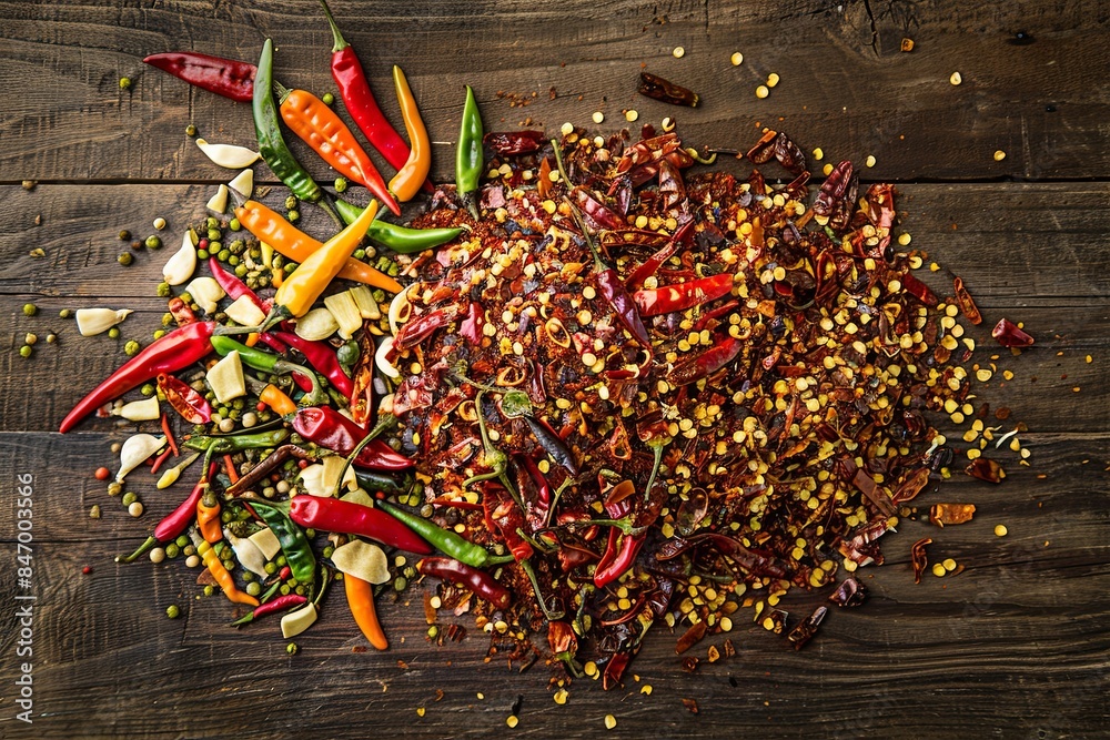 Aufkleber a close-up photo showcasing a vibrant mix of fresh and dried chili peppers arranged on a rustic wood