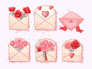 Big watercolor set for Valentines day cards design. Hand painted illustration. Pink hearts, gift box, red rose, love mail envelope, lips, isolated