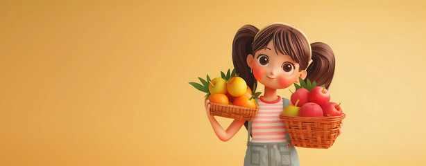 Naklejka premium 3D illustration of a cute little girl holding a basket full of fruits