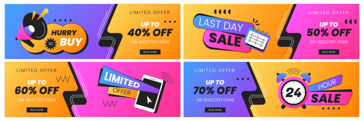 Set banners of last time offer, hurry to buy and hot sales. Sale promo flyers with alarm clock, calendar and megaphone. Only now discount promotion poster template for advertisement or online shopping