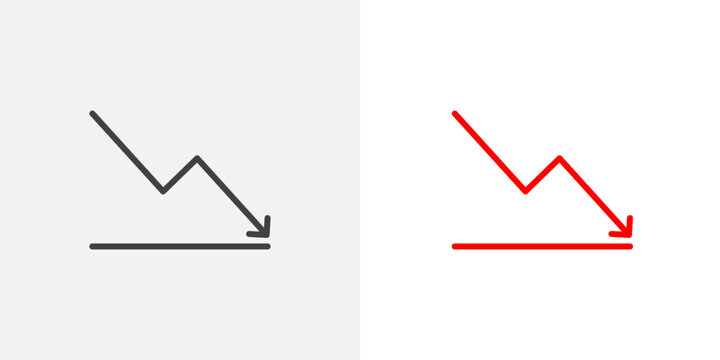 Down arrow icon set. Trend decrease vector symbol. Drop chart sign.