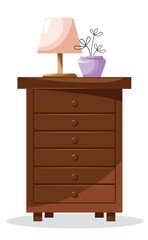 Chest of drawers on a white background. Wooden chest of drawers with a table lamp and a vase. A piece of furniture for the bedroom and home interior. Vector illustration