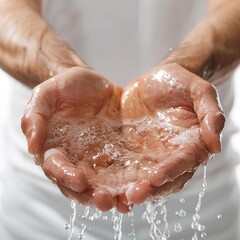 Fototapeta premium A man washing hands in a hygiene routine, clear detail, isolated on a white background