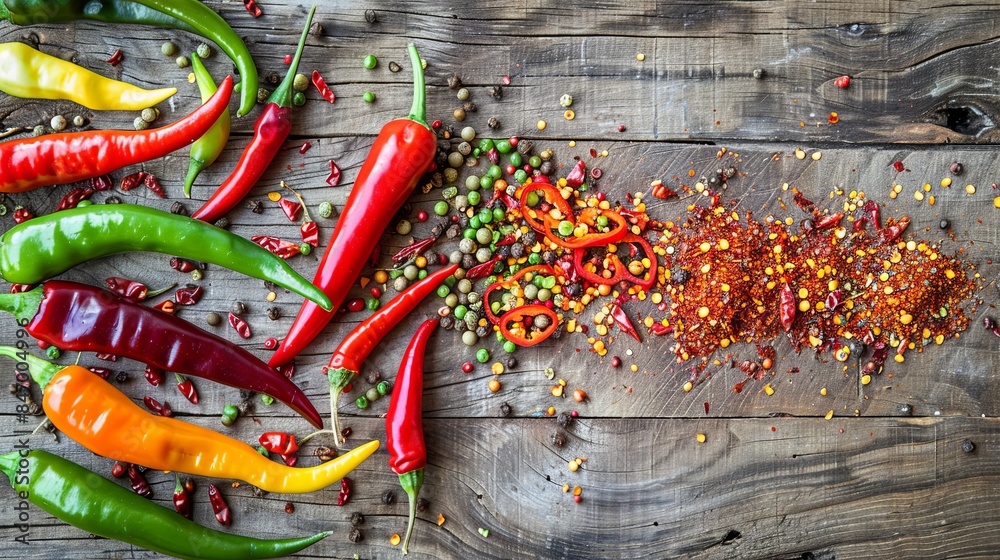 Poster a close-up view of fresh and dried chili peppers, showcasing a vibrant array of colors, textures, an