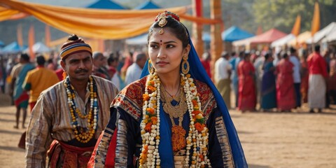 Fototapeta premium An Indian woman adorned in traditional attire, surrounded by festival goers in a historical setting