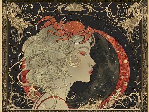 Cancer zodiac sign in the form of a beautiful woman in art nouveau style