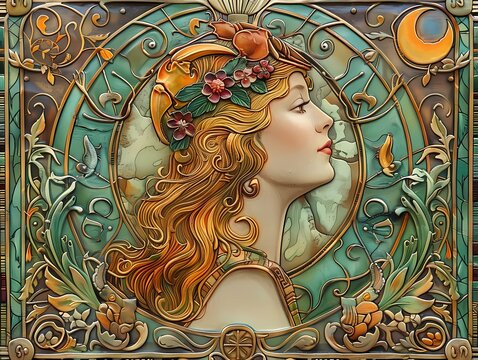 Cancer zodiac sign in the form of a beautiful woman in art nouveau style