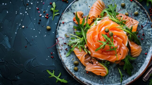 A plate of salmon with a garnish of parsley and capers
