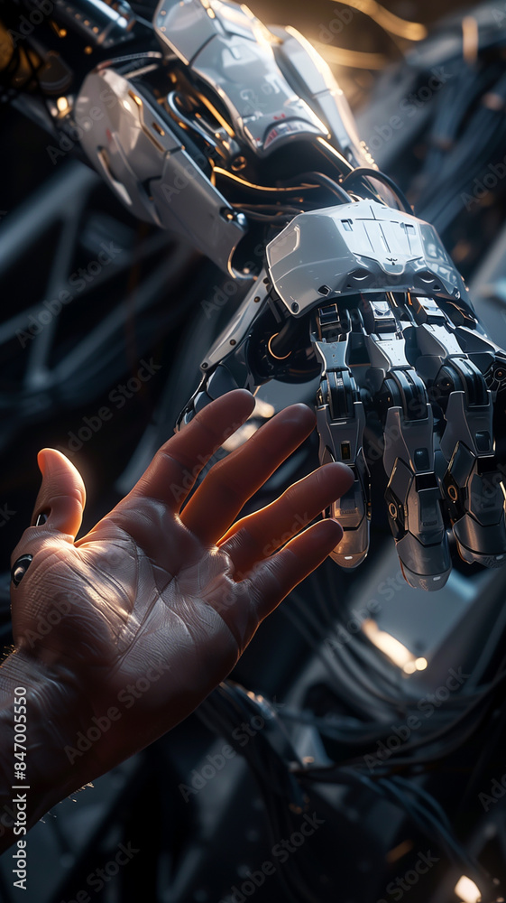 Poster human engineer reaching out to touch a robotic hand in futuristic workshop