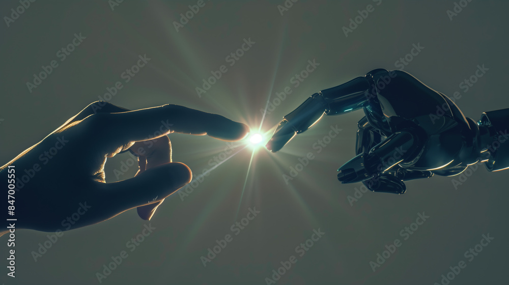 Aufkleber human and robot touching fingers creating bright light